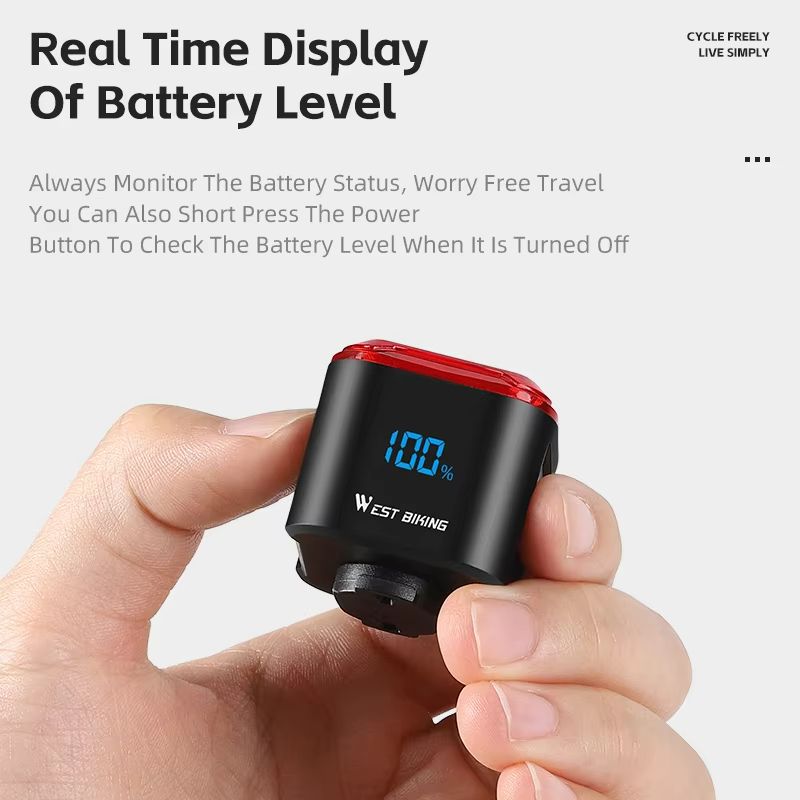 WEST BIKING Smart Bike Tail Light  Brake Sensing Rear Light With Digital Power Display  Auto OnOff 2