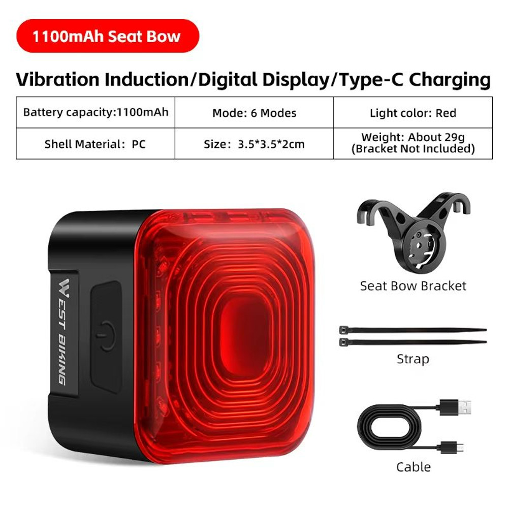 WEST BIKING Smart Bike Tail Light  Brake Sensing Rear Light With Digital Power Display  Auto OnOff 8