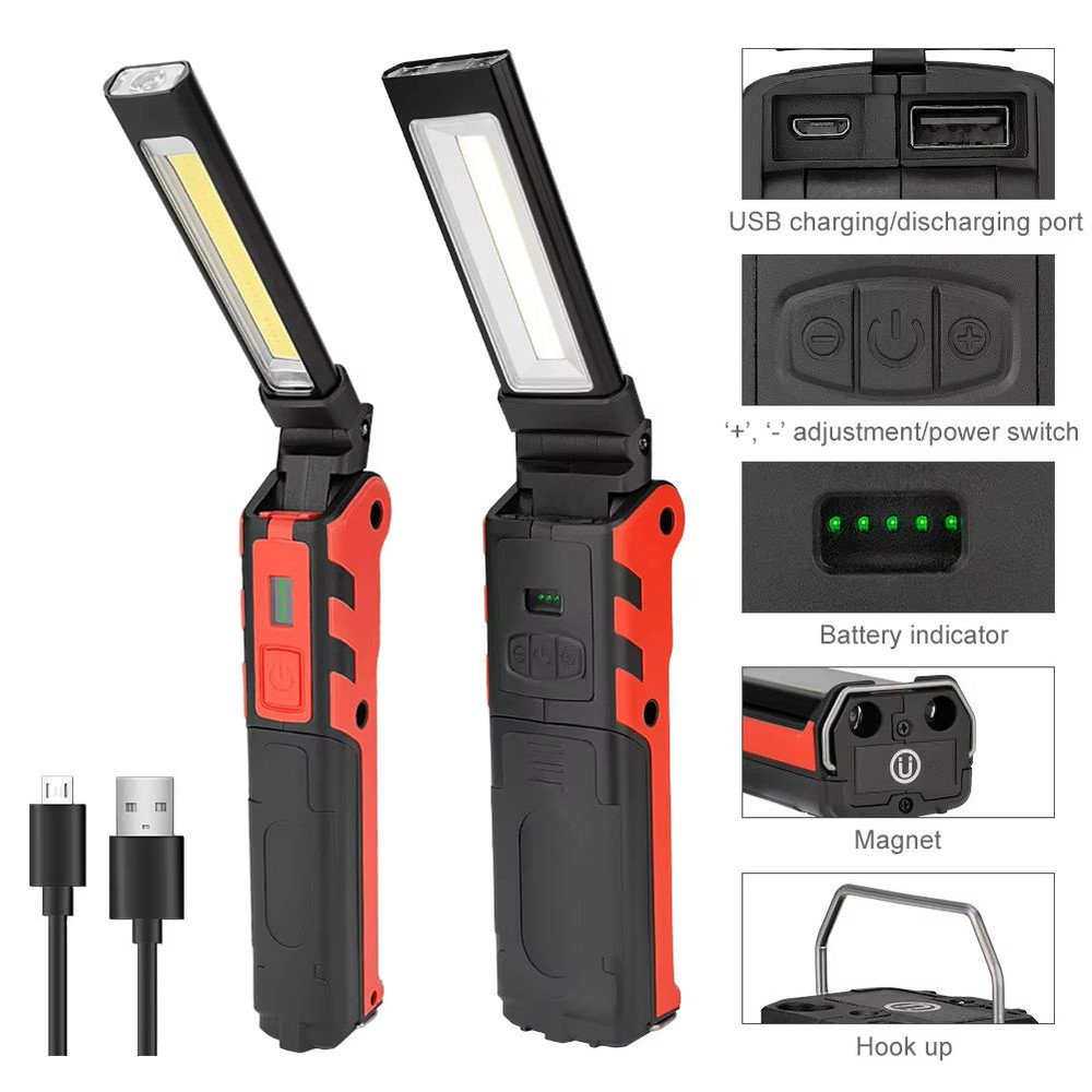 Rechargeable COB LED Work Light  Dimmable Flashlight With Magnetic Hook Power Bank Function  18650  0