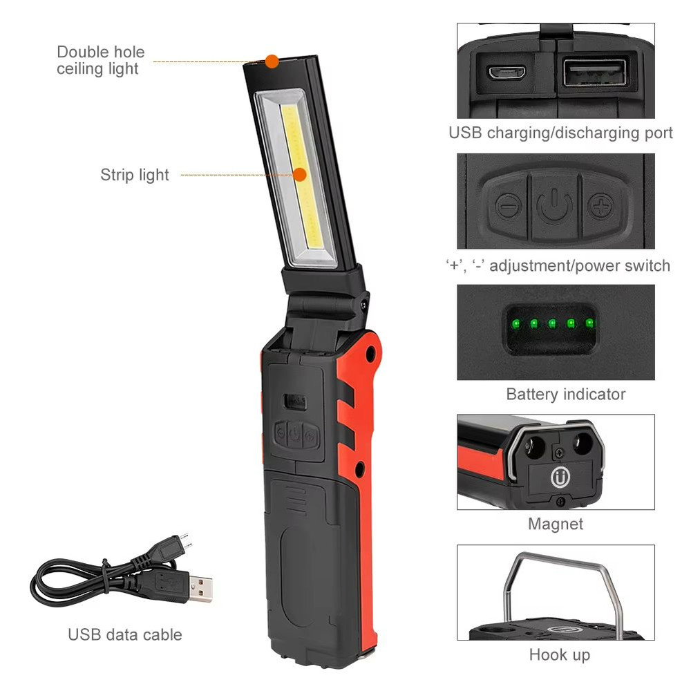 Rechargeable COB LED Work Light  Dimmable Flashlight With Magnetic Hook Power Bank Function  18650  1