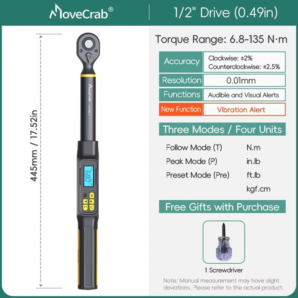 MOVECRAB Digital Torque Wrench Adapter 15340Nm High Precision Electronic Torque Meter With Preset 18
