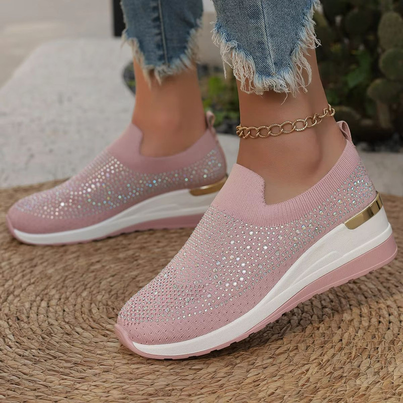 Womens Rhinestone Wedge Sneakers  Breathable Lightweight SlipOn Mesh Casual Shoes 6