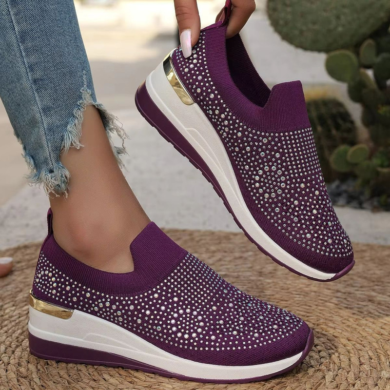 Womens Rhinestone Wedge Sneakers  Breathable Lightweight SlipOn Mesh Casual Shoes 10