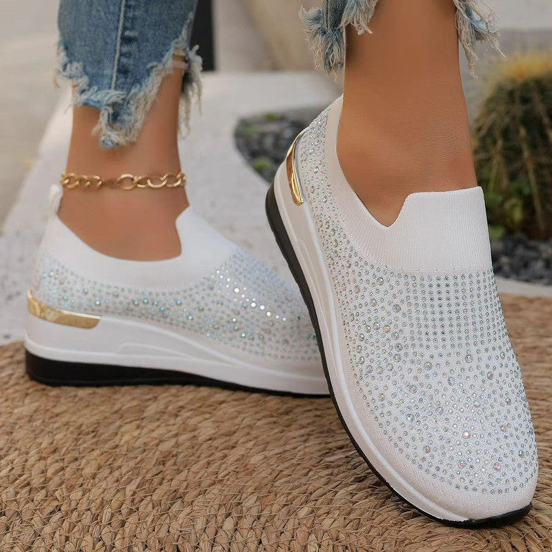Womens Rhinestone Wedge Sneakers  Breathable Lightweight SlipOn Mesh Casual Shoes 11