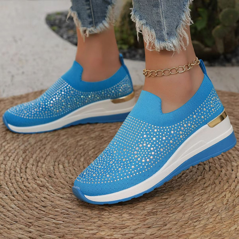 Womens Rhinestone Wedge Sneakers  Breathable Lightweight SlipOn Mesh Casual Shoes 8