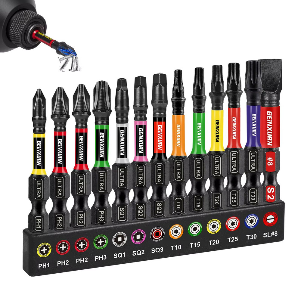 Geinxurn 13Piece Magnetic Screwdriver Bits Set  S2 Steel Impact Driver Bits With ColorCoded Base 0