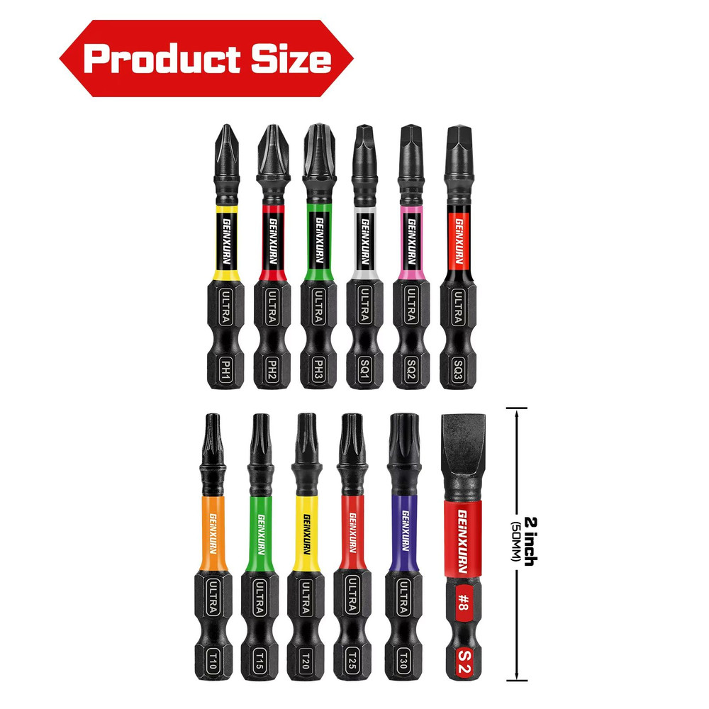 Geinxurn 13Piece Magnetic Screwdriver Bits Set  S2 Steel Impact Driver Bits With ColorCoded Base 1