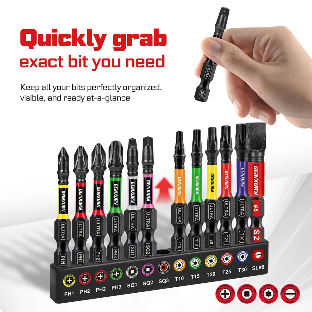 Geinxurn 13Piece Magnetic Screwdriver Bits Set  S2 Steel Impact Driver Bits With ColorCoded Base 5