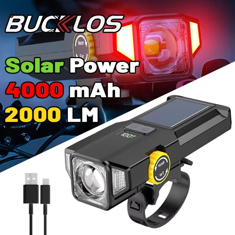 4000mAh Solar Bike Light  2000LM Rechargeable Bicycle Front Light With Zoom Beam  COB Red Side Lamp 0