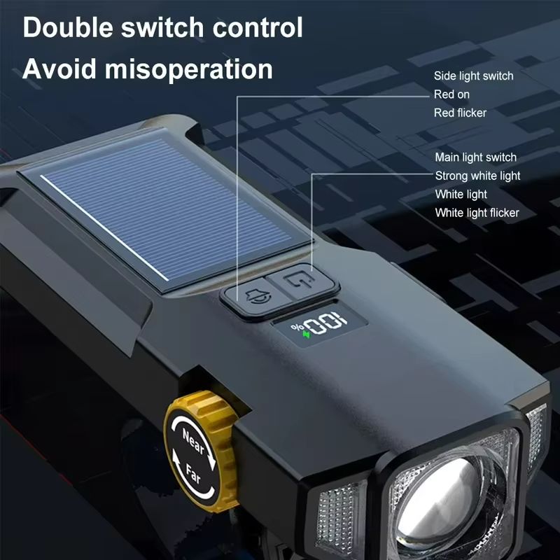 4000mAh Solar Bike Light  2000LM Rechargeable Bicycle Front Light With Zoom Beam  COB Red Side Lamp 4