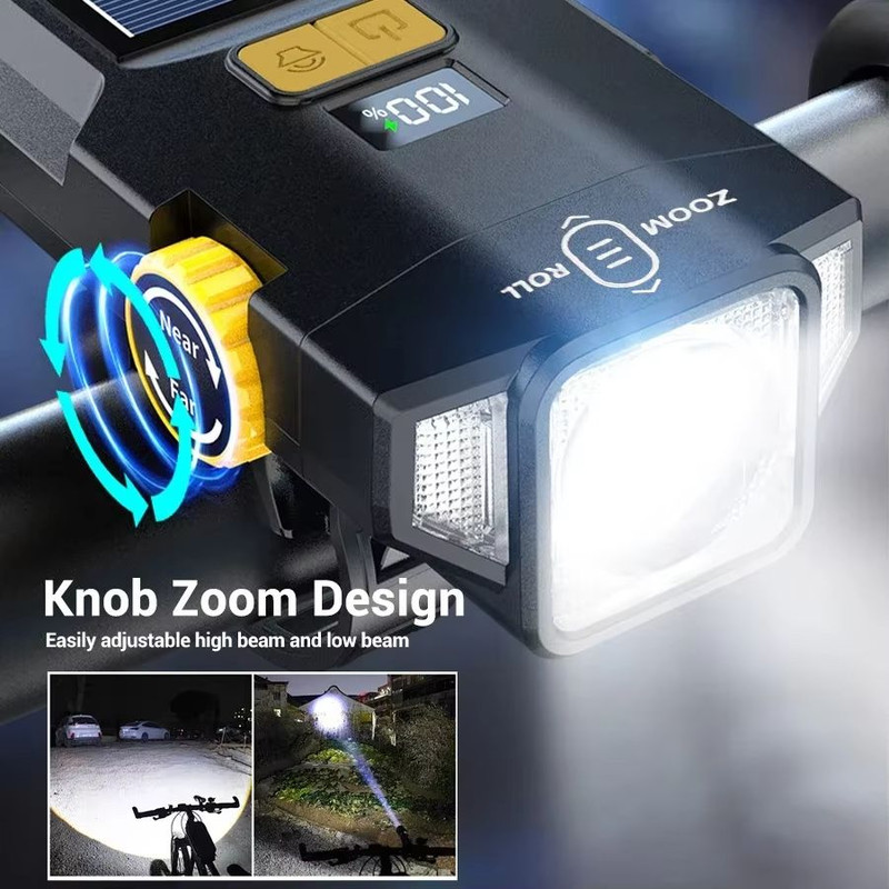 USB Rechargeable Solar Bike Light  Bright Front Lamp With Power Display For Safe Cycling 3