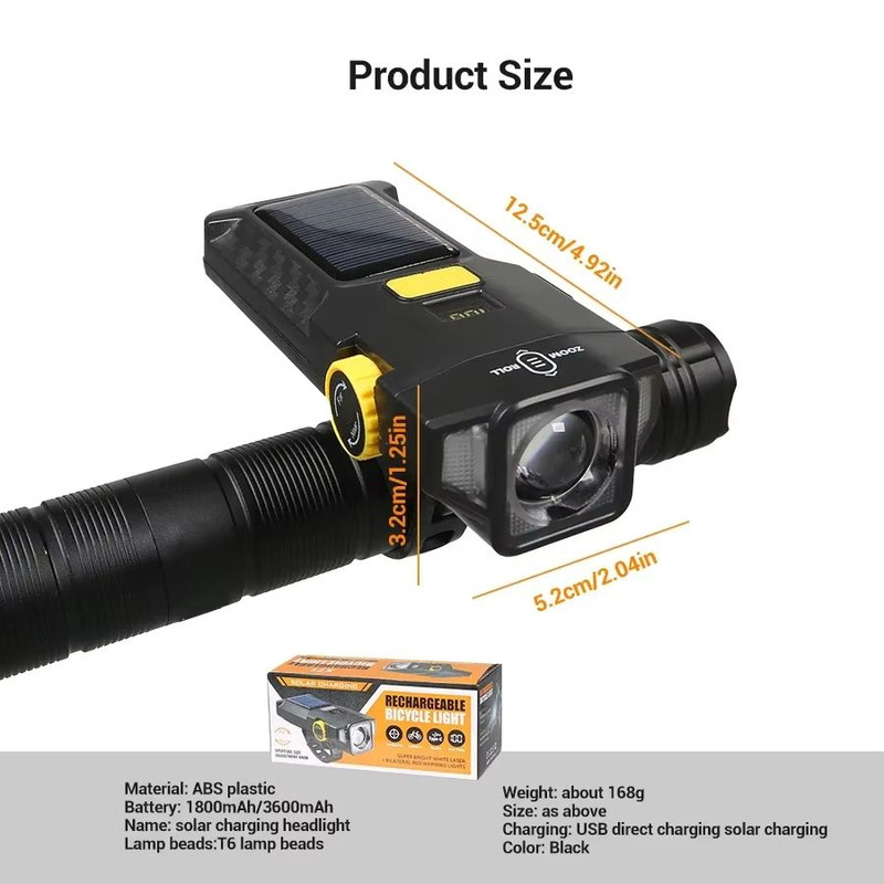 USB Rechargeable Solar Bike Light  Bright Front Lamp With Power Display For Safe Cycling 5