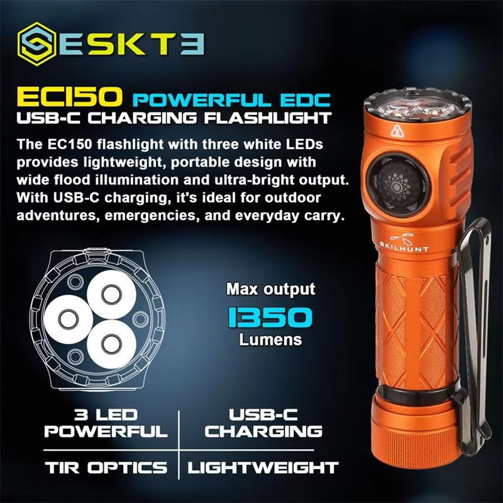 Skilhunt EC150 USBC Rechargeable LED Flashlight  1350 Lumens Mini Torch With AA And 14500 Battery C 3
