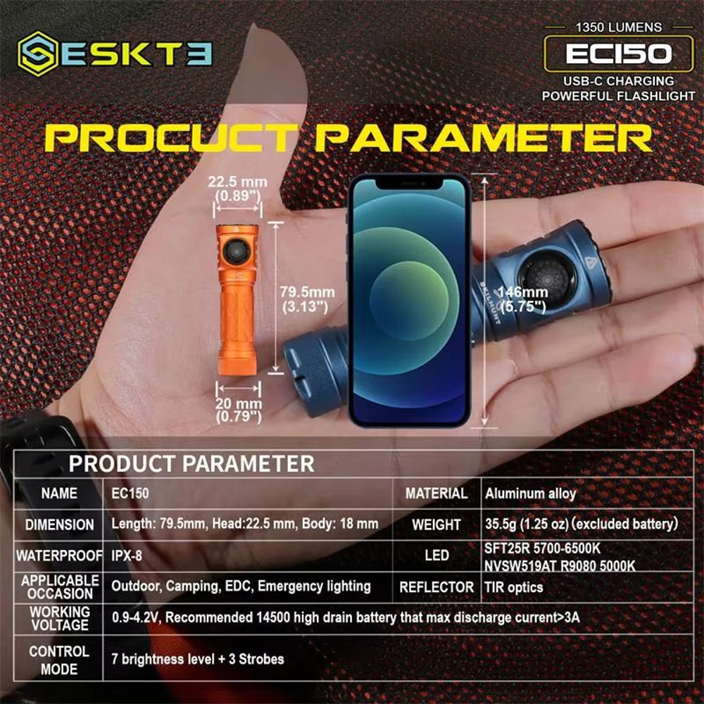 Skilhunt EC150 USBC Rechargeable LED Flashlight  1350 Lumens Mini Torch With AA And 14500 Battery C 5
