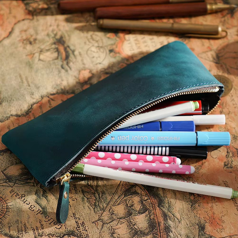 Vintage Genuine Leather Pencil Case  Handmade Large Capacity Zipper Organizer Bag With Patriotic Co 1
