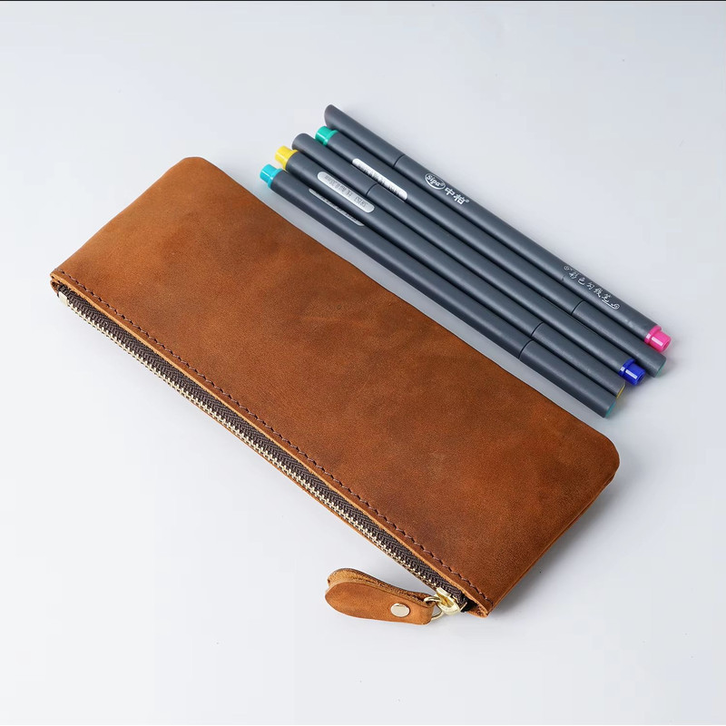 Vintage Genuine Leather Pencil Case  Handmade Large Capacity Zipper Organizer Bag With Patriotic Co 3
