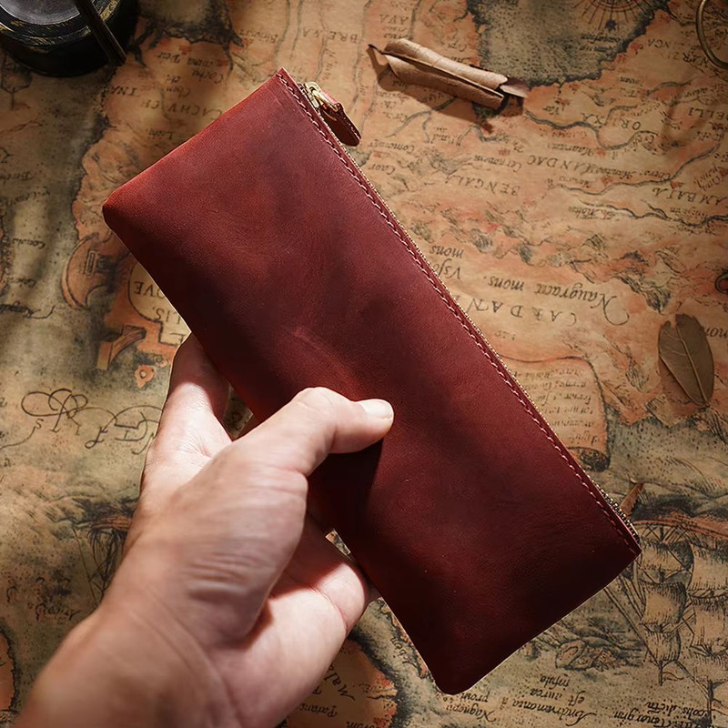 Vintage Genuine Leather Pencil Case  Handmade Large Capacity Zipper Organizer Bag With Patriotic Co 5