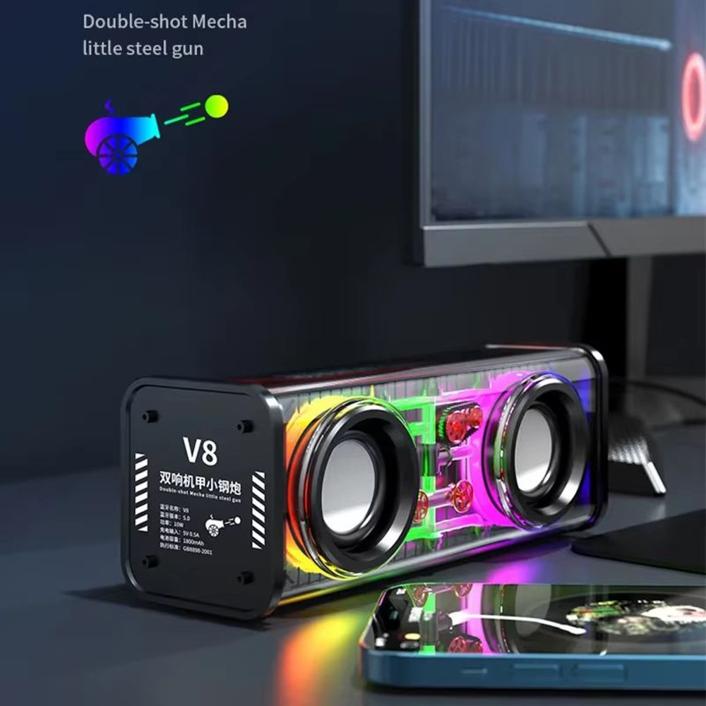 V8 Transparent Bluetooth Speaker  Wireless TWS Subwoofer With Double Bass RGB Lights  Portable Mini 3