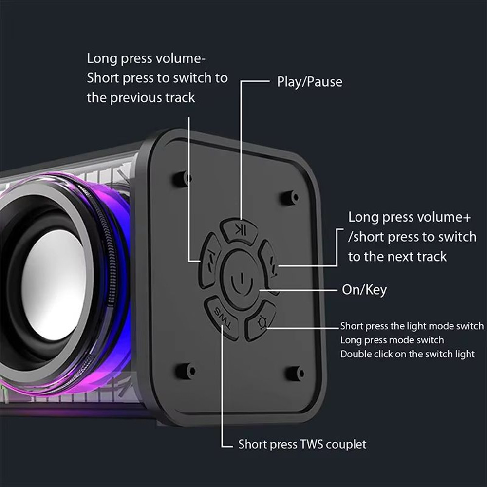 V8 Transparent Bluetooth Speaker  Wireless TWS Subwoofer With Double Bass RGB Lights  Portable Mini 4