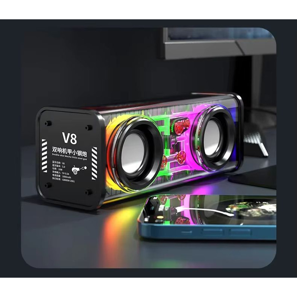 V8 Transparent Bluetooth Speaker  Wireless TWS Subwoofer With Double Bass RGB Lights  Portable Mini 6