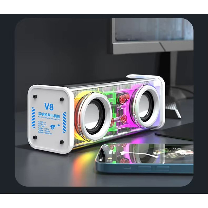 V8 Transparent Bluetooth Speaker  Wireless TWS Subwoofer With Double Bass RGB Lights  Portable Mini 7