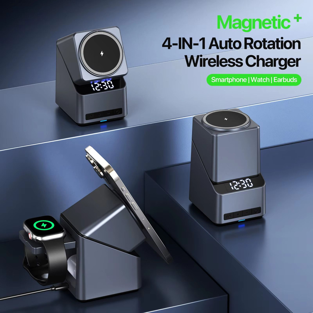 Magnetic 4 In 1 Auto Rotation Wireless Charger With Clock For Iphone 1216 Series15W Apple Watch25W  1