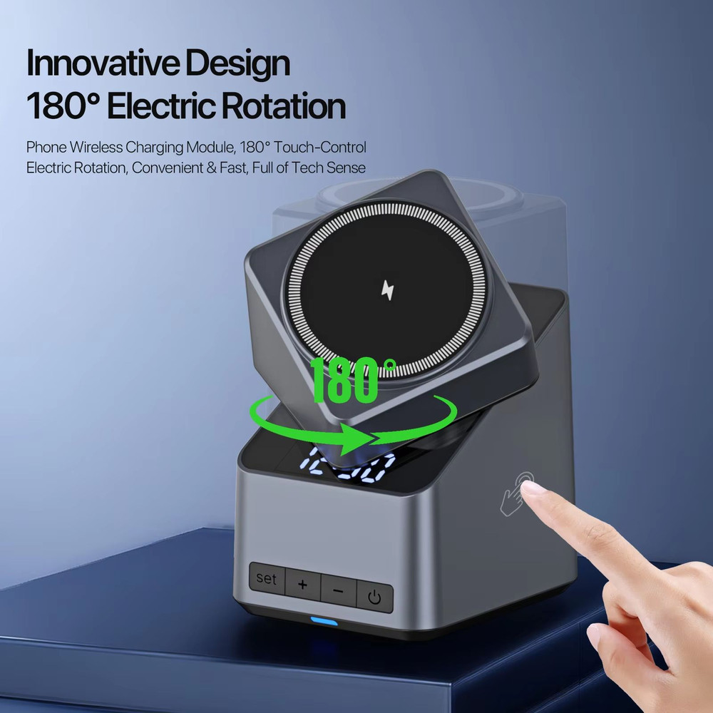 Magnetic 4 In 1 Auto Rotation Wireless Charger With Clock For Iphone 1216 Series15W Apple Watch25W  2