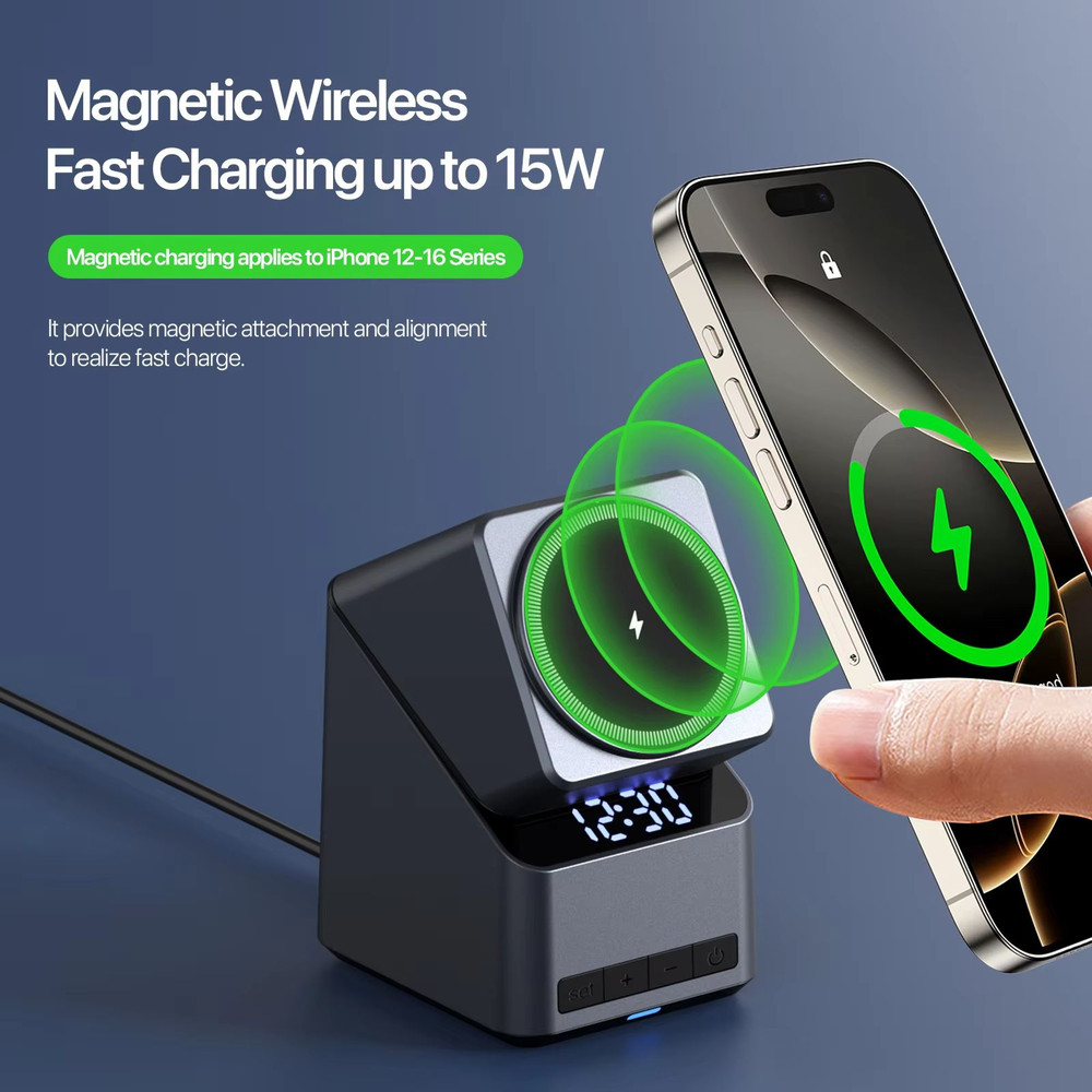 Magnetic 4 In 1 Auto Rotation Wireless Charger With Clock For Iphone 1216 Series15W Apple Watch25W  4