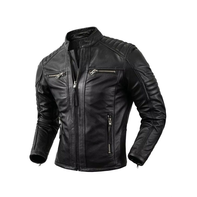 Mens Genuine Leather Motorcycle Jacket  Retro Brown Cowhide Stand Collar Biker Jacket 7