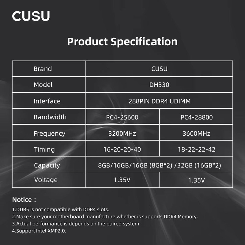 CUSU DDR4 RAM 8GB16GB 3200MHz3600MHz Desktop Memory Module UDIMM 288Pin 4