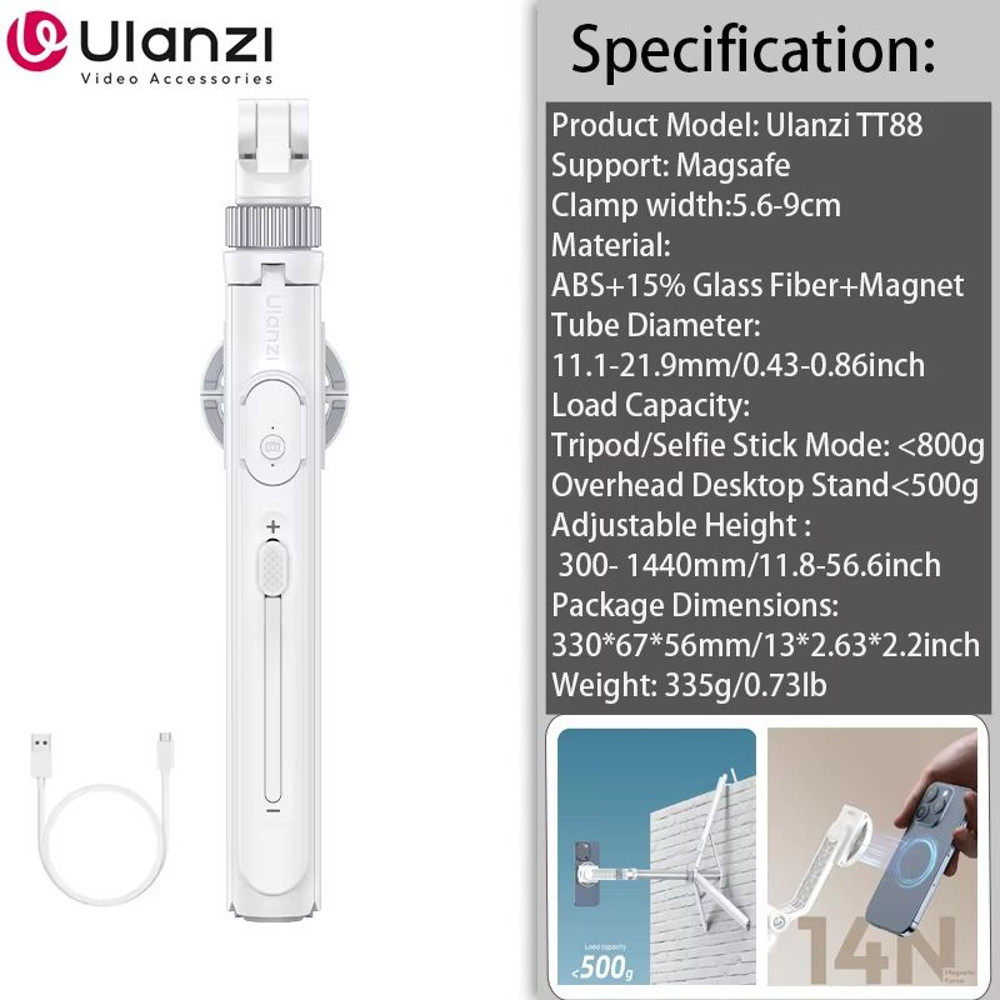 Ulanzi TT88 Overhead Phone Tripod  144M Extension Selfie Stick With Magnetic Clamp  Wireless Remote 6