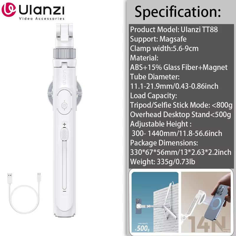 Ulanzi TT88 Overhead Phone Tripod  144M Extension Selfie Stick With Magnetic Clamp  Wireless Remote 6