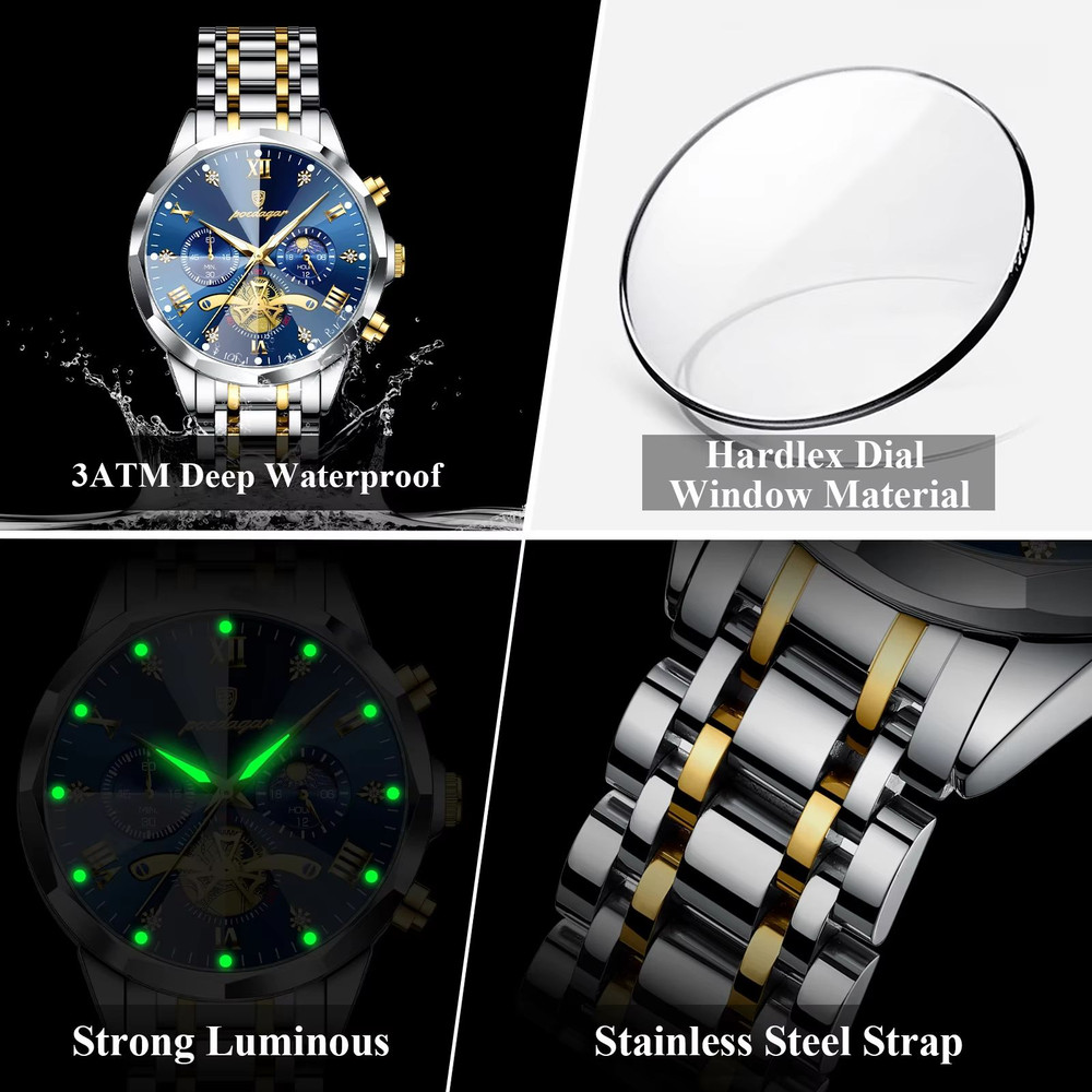 POEDAGAR Luxury Mens Watch  Waterproof Stainless Steel Chronograph Quartz Wristwatch With Luminous  3