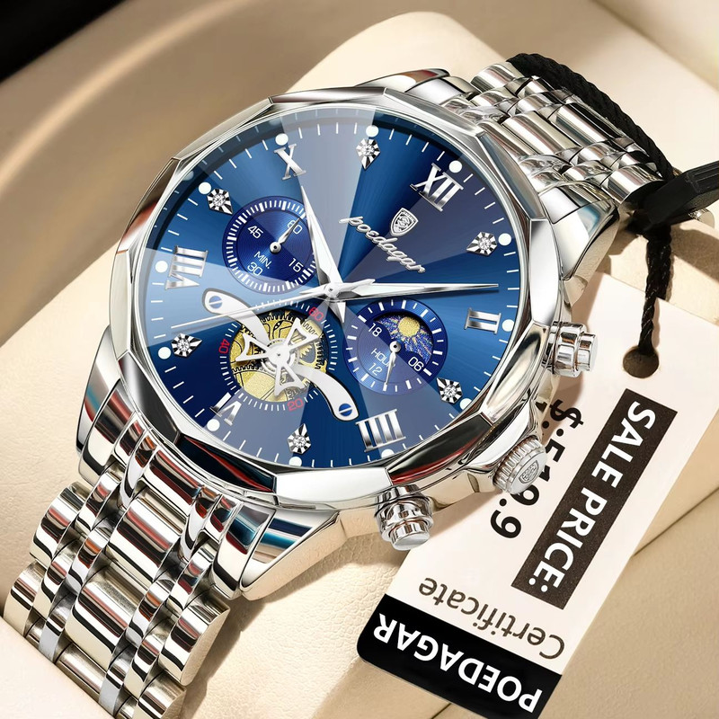 POEDAGAR Luxury Mens Watch  Waterproof Stainless Steel Chronograph Quartz Wristwatch With Luminous  10