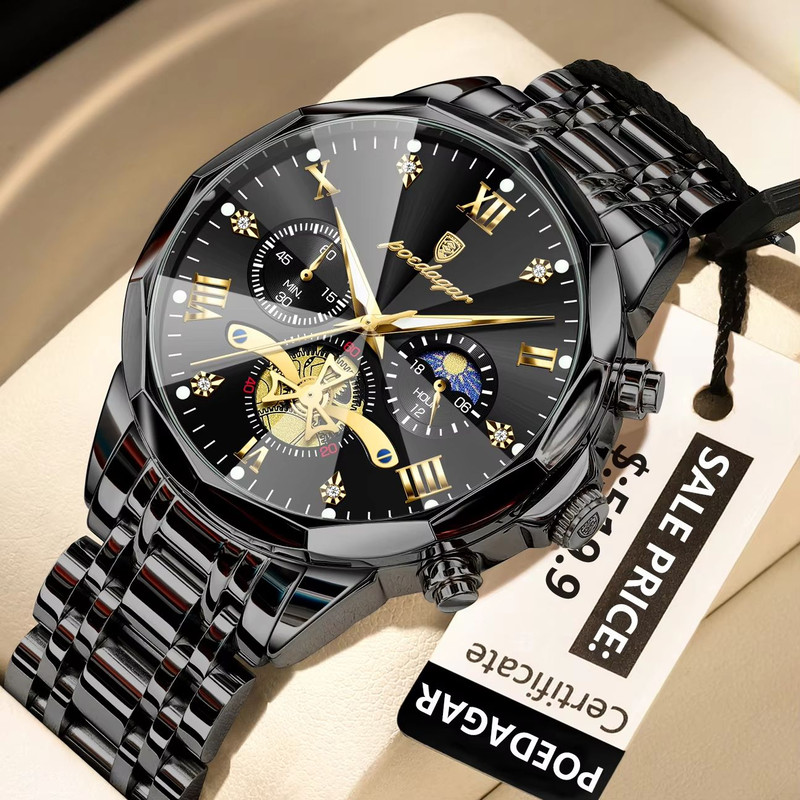 POEDAGAR Luxury Mens Watch  Waterproof Stainless Steel Chronograph Quartz Wristwatch With Luminous  13