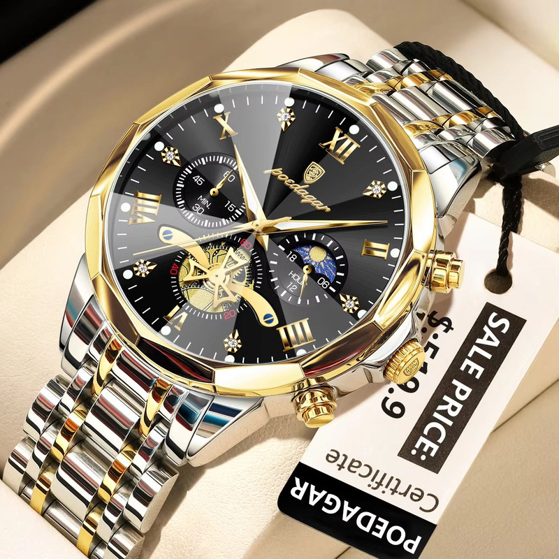 POEDAGAR Luxury Mens Watch  Waterproof Stainless Steel Chronograph Quartz Wristwatch With Luminous  16