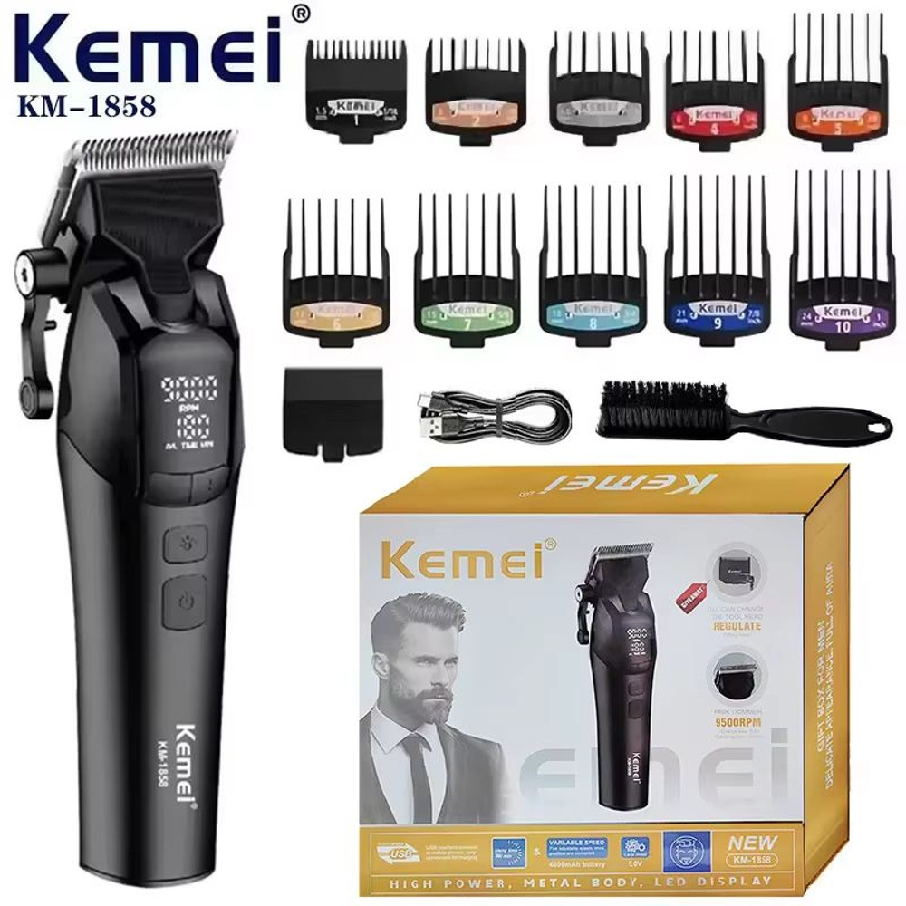 Kemei 1858 Professional Hair Clipper  DLC Blade Cordless Beard Trimmer With LED Light  USB Recharge 7