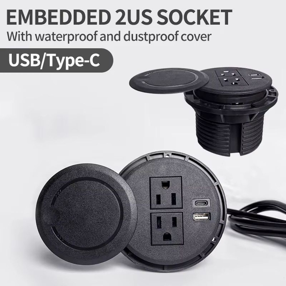 Recessed Desktop Power Socket Round Multifunctional Plug With 2 Outlets USB TypeC Ports 0