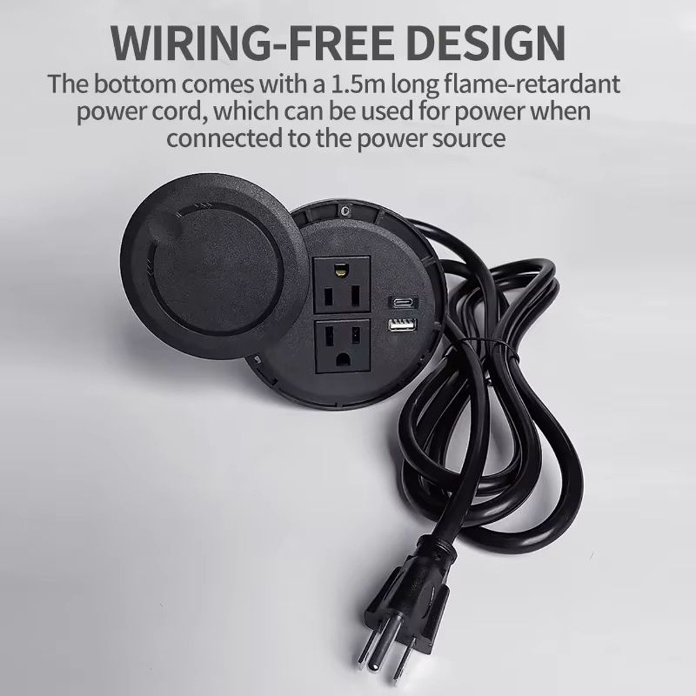 Recessed Desktop Power Socket Round Multifunctional Plug With 2 Outlets USB TypeC Ports 2