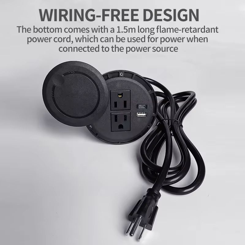 Recessed Desktop Power Socket Round Multifunctional Plug With 2 Outlets USB TypeC Ports 2