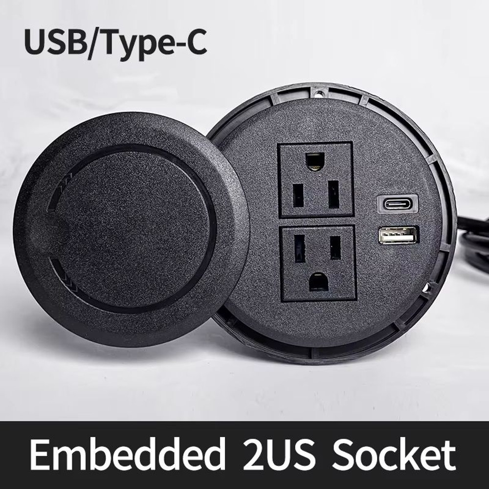 Recessed Desktop Power Socket Round Multifunctional Plug With 2 Outlets USB TypeC Ports 6