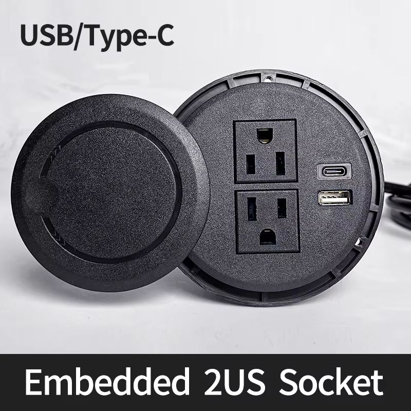 Recessed Desktop Power Socket Round Multifunctional Plug With 2 Outlets USB TypeC Ports 6