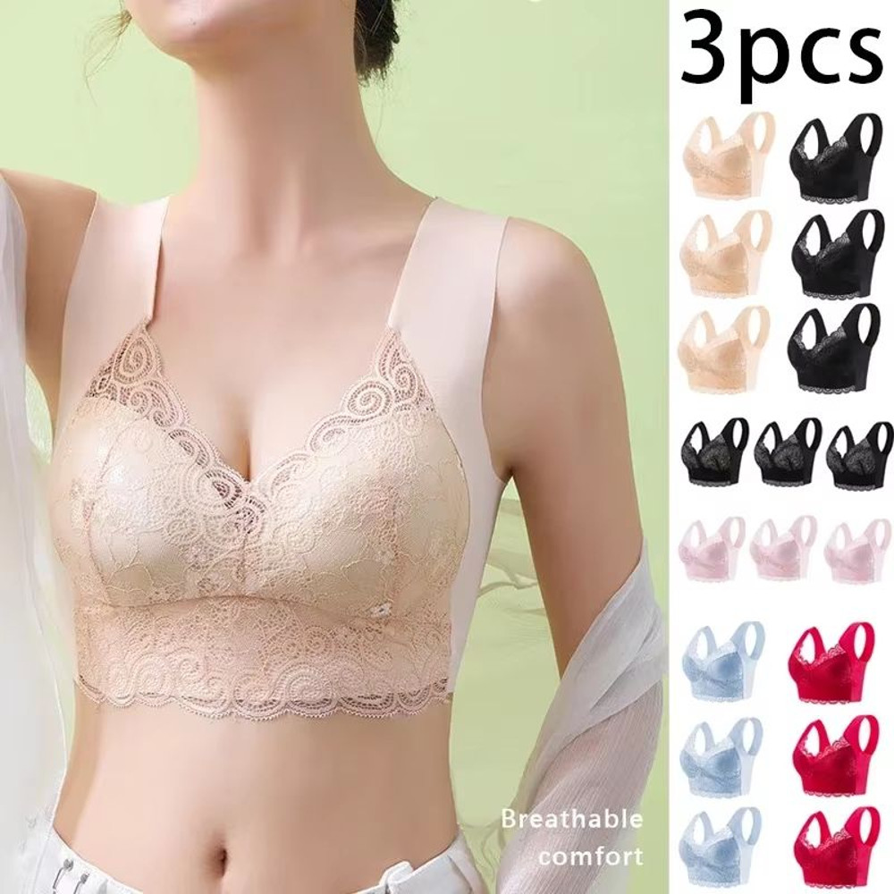 3Pack Seamless Lace Bralette Tops  Comfortable Ice Silk Wireless Bra For Everyday Support 0