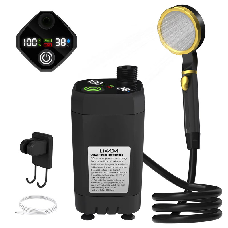Portable Camping Shower Pump Kit Outdoor Shower With Digital Display Adjustable Flow 6000mAh Rech 6