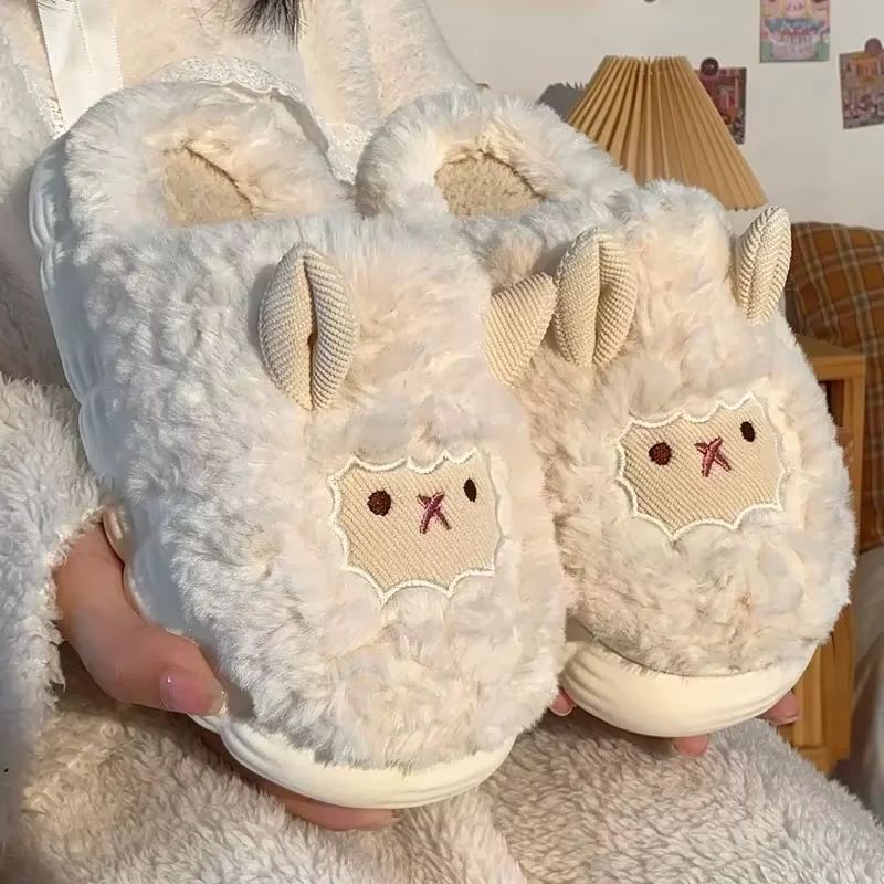 Cozy Cartoon Plush Sheep Slippers Warm Winter Indoor Cotton Slippers For Men Women 0
