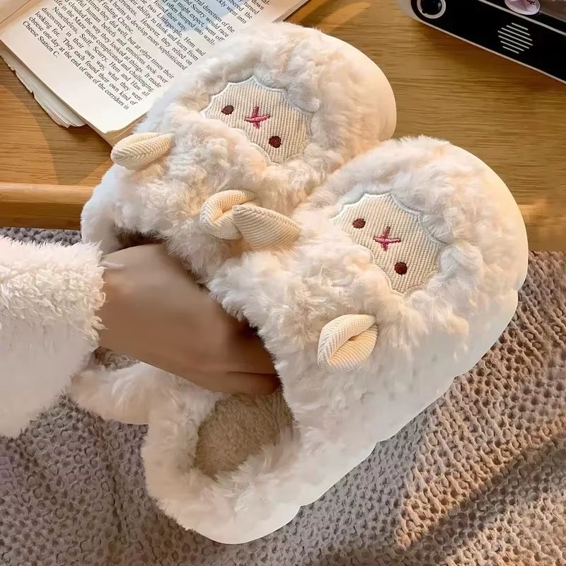 Cozy Cartoon Plush Sheep Slippers Warm Winter Indoor Cotton Slippers For Men Women 2