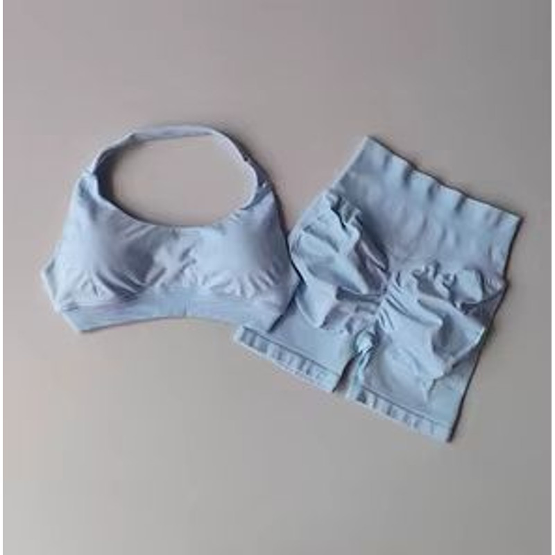 Halter Peach Backless HighWaist Sports Bra Shorts Set Yoga Pilates Activewear 9