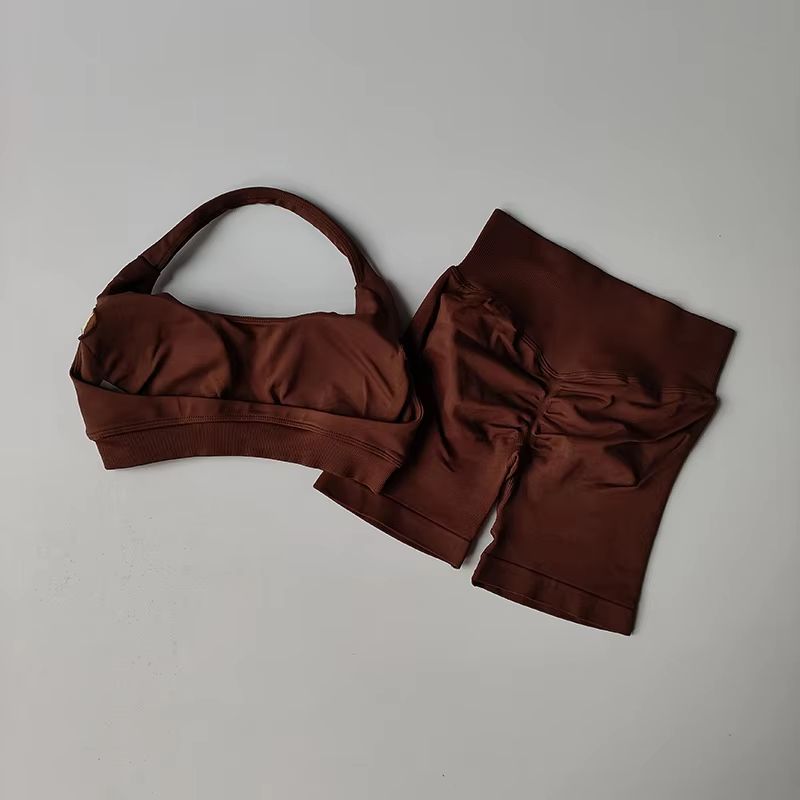 Halter Peach Backless HighWaist Sports Bra Shorts Set Yoga Pilates Activewear 11