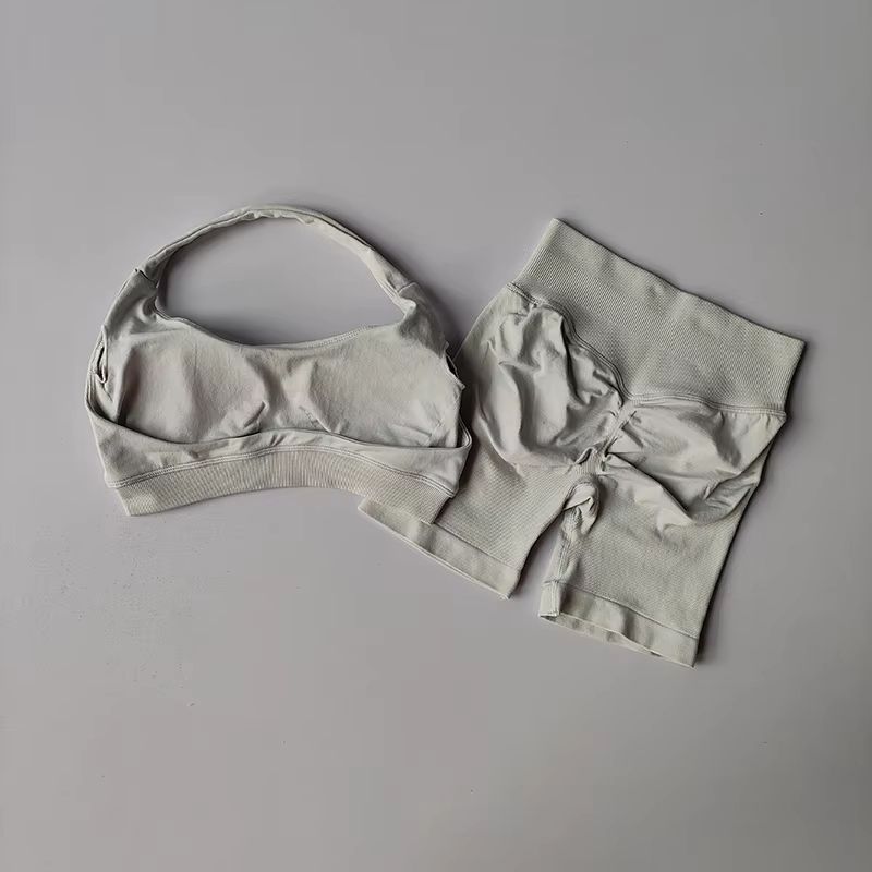 Halter Peach Backless HighWaist Sports Bra Shorts Set Yoga Pilates Activewear 13