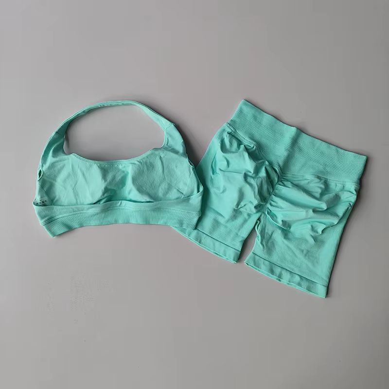 Halter Peach Backless HighWaist Sports Bra Shorts Set Yoga Pilates Activewear 15